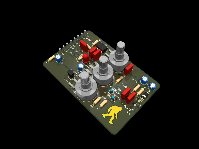 The SQUATCH CLAW distortion board, isometric, populated with through-hole parts